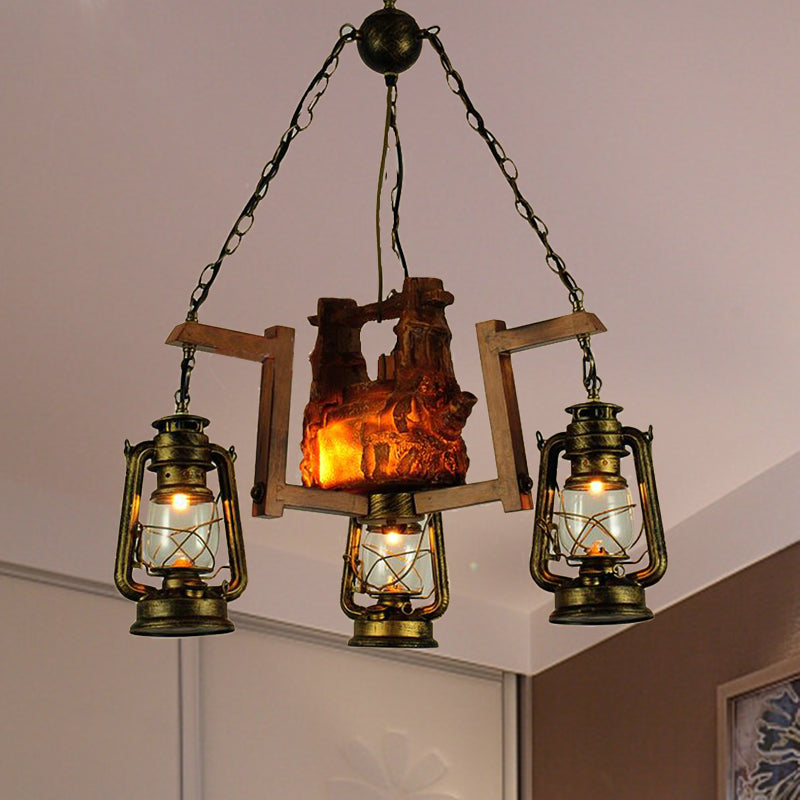 Loft Style Lantern Pendant Light 3 Lights Metal Aged Brass Chandelier for Restaurant Clearhalo 'Ceiling Lights' 'Chandeliers' 'Close To Ceiling Lights' 'Glass shade' 'Glass' 'Industrial Chandeliers' 'Industrial' 'Middle Century Chandeliers' 'Tiffany' Lighting' 415931