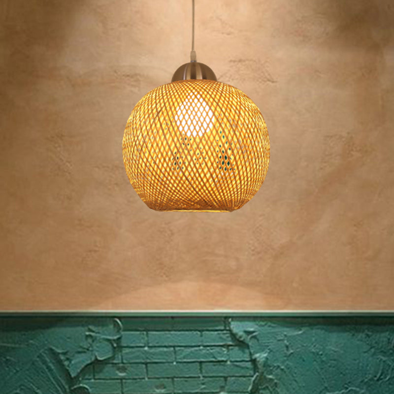 Globe Suspension Pendant Contemporary Bamboo 1 Bulb Wood Hanging Light Kit, 12"/14" Wide Clearhalo 'Ceiling Lights' 'Pendant Lights' 'Pendants' Lighting' 415947