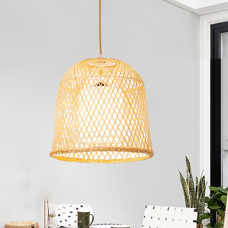 Bell Pendant Lighting Tradition Bamboo 1 Bulb Wood Hanging Lamp Kit with Inner White Fabric Shade Clearhalo 'Ceiling Lights' 'Modern Pendants' 'Modern' 'Pendant Lights' 'Pendants' Lighting' 415953