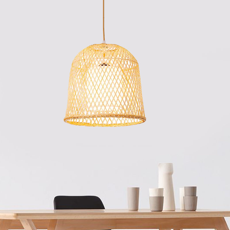 Bell Pendant Lighting Tradition Bamboo 1 Bulb Wood Hanging Lamp Kit with Inner White Fabric Shade Clearhalo 'Ceiling Lights' 'Modern Pendants' 'Modern' 'Pendant Lights' 'Pendants' Lighting' 415954