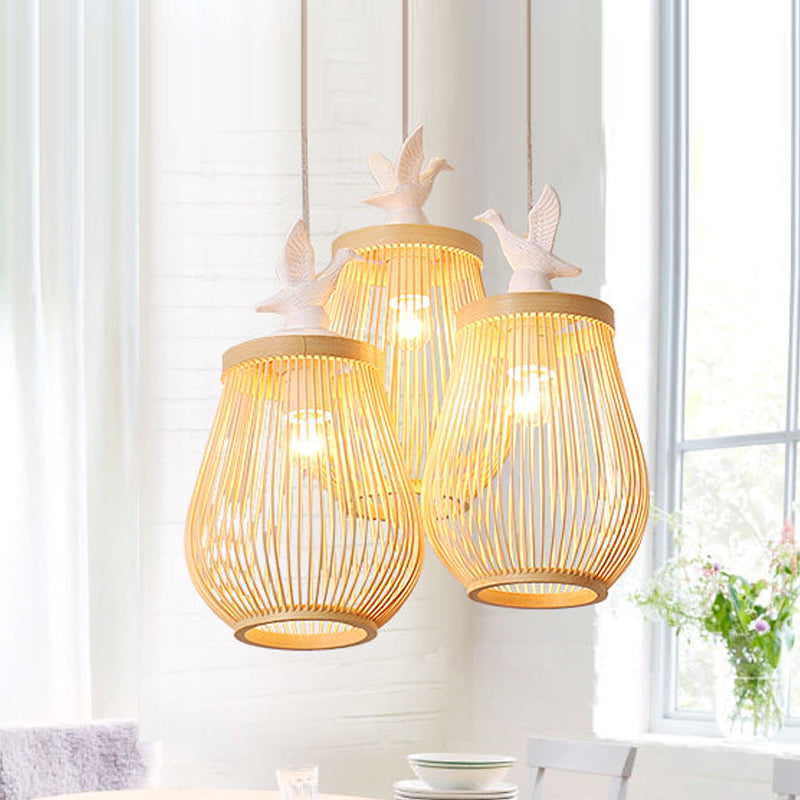 Wood Cage Hanging Lamp Modern 1 Head Bamboo Ceiling Pendant Light with White Bird Clearhalo 'Ceiling Lights' 'Modern Pendants' 'Modern' 'Pendant Lights' 'Pendants' Lighting' 415958