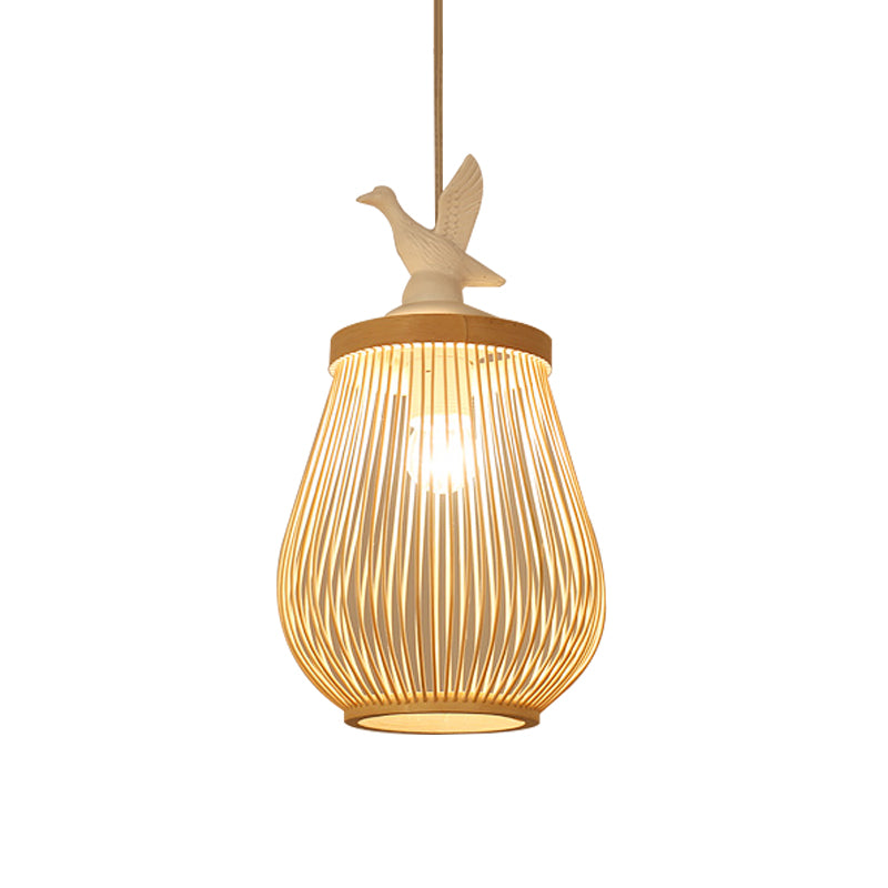 Wood Cage Hanging Lamp Modern 1 Head Bamboo Ceiling Pendant Light with White Bird Clearhalo 'Ceiling Lights' 'Modern Pendants' 'Modern' 'Pendant Lights' 'Pendants' Lighting' 415960