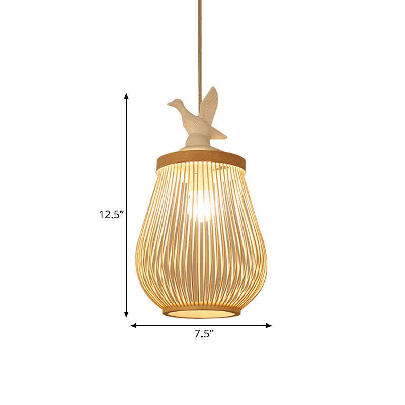 Wood Cage Hanging Lamp Modern 1 Head Bamboo Ceiling Pendant Light with White Bird Clearhalo 'Ceiling Lights' 'Modern Pendants' 'Modern' 'Pendant Lights' 'Pendants' Lighting' 415961