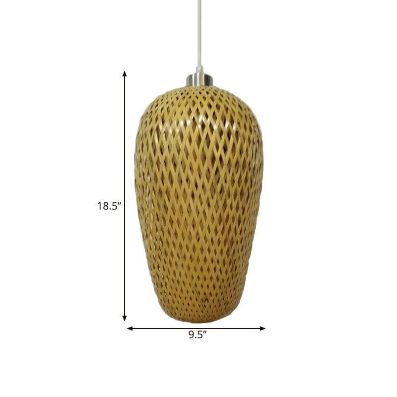 1 Bulb Restaurant Pendant Lighting Traditionary Wood Hanging Lamp Kit with Weave Bamboo Shade Clearhalo 'Ceiling Lights' 'Modern Pendants' 'Modern' 'Pendant Lights' 'Pendants' Lighting' 415968