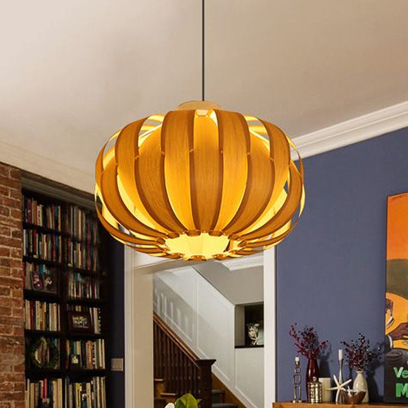 Modernism 1 Bulb Pendant Lighting Beige Lantern Hanging Light Fixture with Wood Shade Clearhalo 'Ceiling Lights' 'Modern Pendants' 'Modern' 'Pendant Lights' 'Pendants' Lighting' 415975