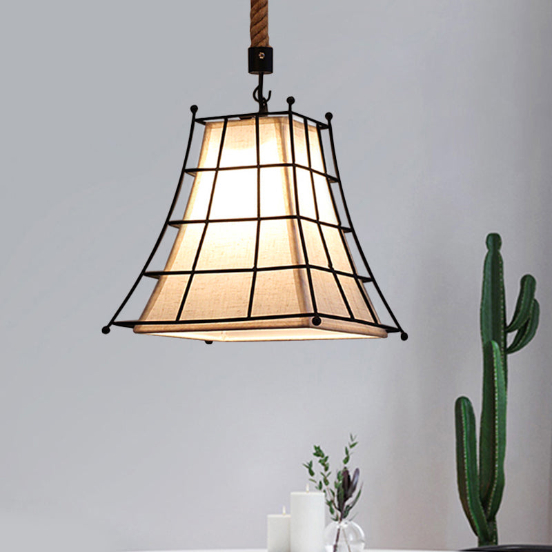 Wire Frame Flared Hanging Lamp with Fabric Shade 1 Light Rustic Suspension Light in Black Clearhalo 'Art Deco Pendants' 'Cast Iron' 'Ceiling Lights' 'Ceramic' 'Crystal' 'Industrial Pendants' 'Industrial' 'Metal' 'Middle Century Pendants' 'Pendant Lights' 'Pendants' 'Tiffany' Lighting' 415986