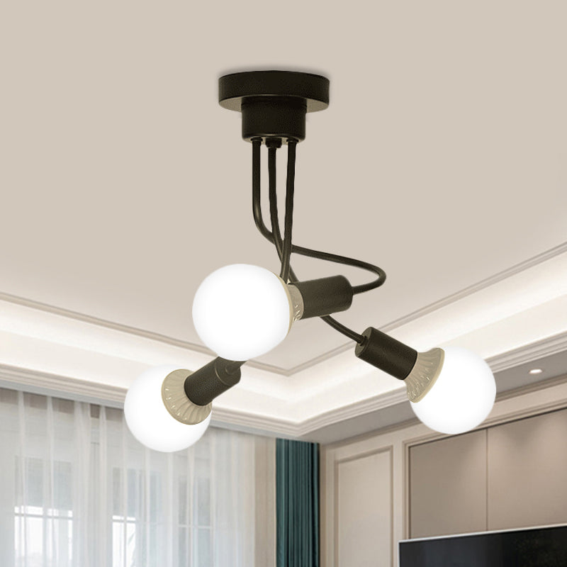 Black Curved Metal Arms Semi Ceiling Light Fixture Simple 3/5 Lights Black Ceiling Mount Chandelier for Dining Room Clearhalo 'Ceiling Lights' 'Chandeliers' 'Close To Ceiling Lights' 'Glass shade' 'Glass' 'Modern Chandeliers' 'Modern' Lighting' 415996