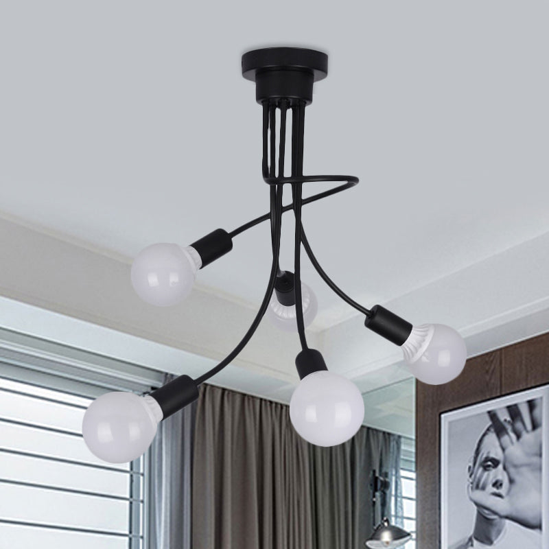 Black Curved Metal Arms Semi Ceiling Light Fixture Simple 3/5 Lights Black Ceiling Mount Chandelier for Dining Room Clearhalo 'Ceiling Lights' 'Chandeliers' 'Close To Ceiling Lights' 'Glass shade' 'Glass' 'Modern Chandeliers' 'Modern' Lighting' 415997