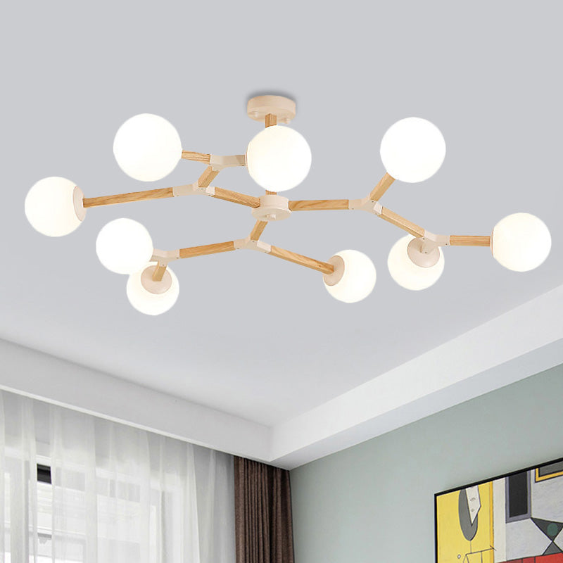 White/Black/Gold Branch Chandelier Lighting Contemporary 3/6/9 Lights Wood Hanging Ceiling Lamp with White Glass Global Shade Clearhalo 'Ceiling Lights' 'Chandeliers' 'Close To Ceiling Lights' 'Glass shade' 'Glass' 'Modern Chandeliers' 'Modern' Lighting' 416009