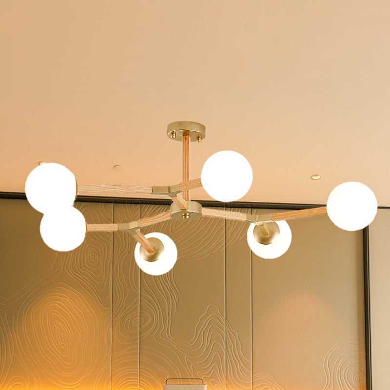 White/Black/Gold Branch Chandelier Lighting Contemporary 3/6/9 Lights Wood Hanging Ceiling Lamp with White Glass Global Shade Clearhalo 'Ceiling Lights' 'Chandeliers' 'Close To Ceiling Lights' 'Glass shade' 'Glass' 'Modern Chandeliers' 'Modern' Lighting' 416011