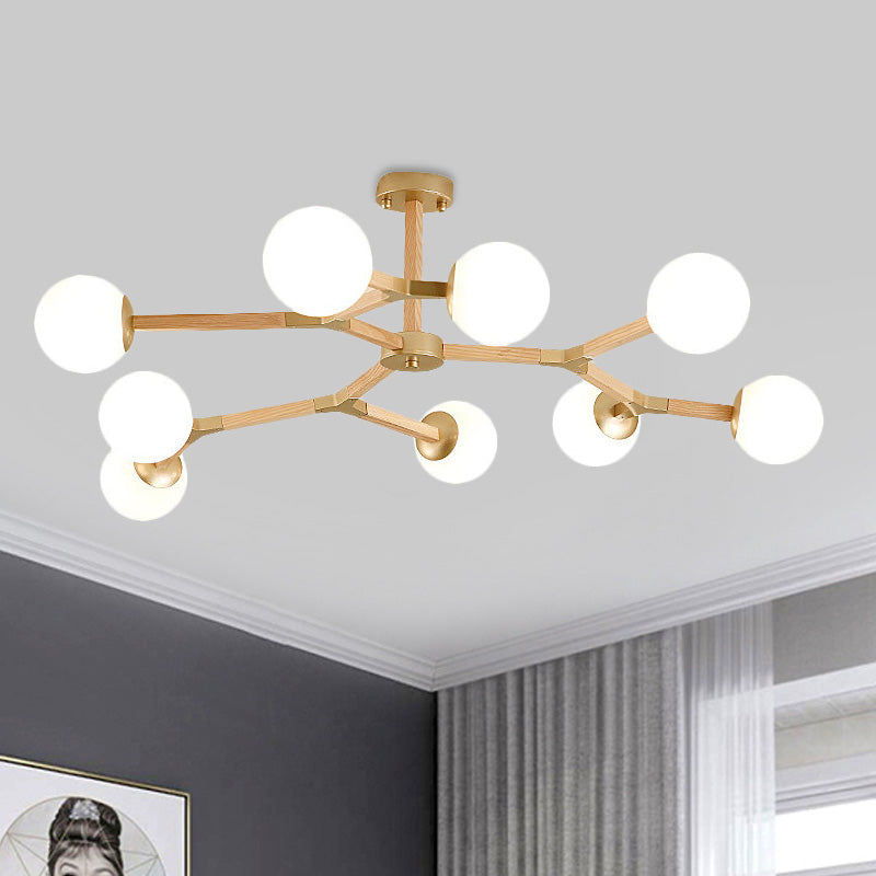 White/Black/Gold Branch Chandelier Lighting Contemporary 3/6/9 Lights Wood Hanging Ceiling Lamp with White Glass Global Shade Clearhalo 'Ceiling Lights' 'Chandeliers' 'Close To Ceiling Lights' 'Glass shade' 'Glass' 'Modern Chandeliers' 'Modern' Lighting' 416012