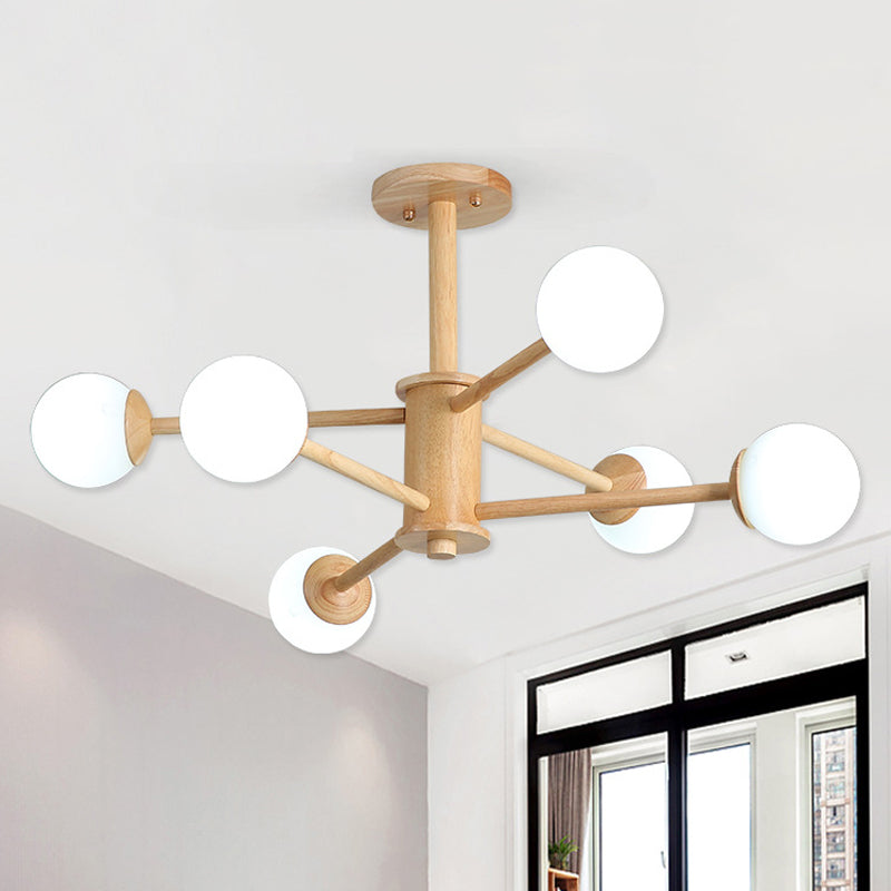 Starburst Chandelier Lighting Contemporary Wooden 6/8/12 Lights Hanging Ceiling Lamp Fixture with White Glass Ball Shade in Natural Wood Clearhalo 'Ceiling Lights' 'Chandeliers' 'Glass shade' 'Glass' 'Modern Chandeliers' 'Modern' Lighting' 416021