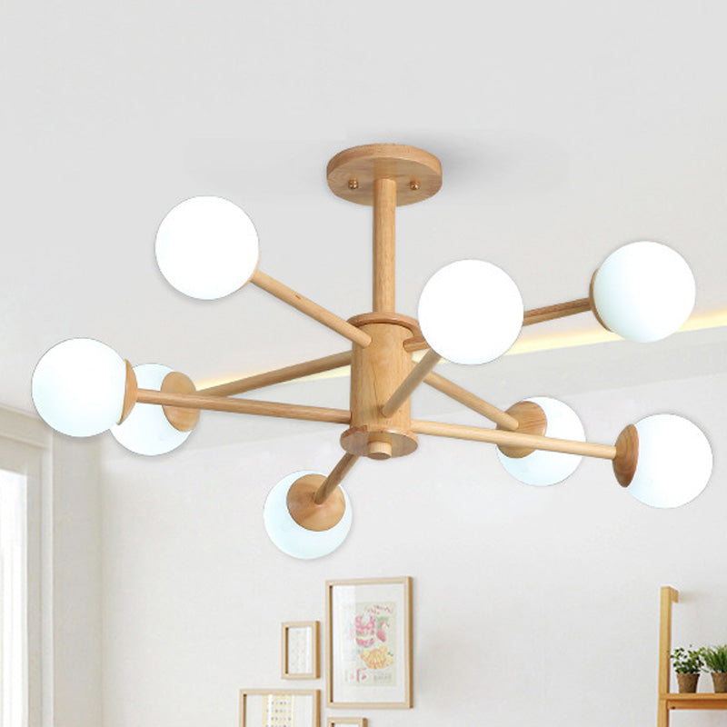 Starburst Chandelier Lighting Contemporary Wooden 6/8/12 Lights Hanging Ceiling Lamp Fixture with White Glass Ball Shade in Natural Wood Clearhalo 'Ceiling Lights' 'Chandeliers' 'Glass shade' 'Glass' 'Modern Chandeliers' 'Modern' Lighting' 416022