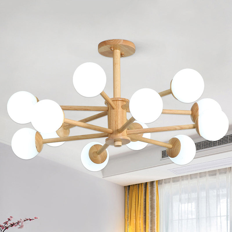 Starburst Chandelier Lighting Contemporary Wooden 6/8/12 Lights Hanging Ceiling Lamp Fixture with White Glass Ball Shade in Natural Wood Clearhalo 'Ceiling Lights' 'Chandeliers' 'Glass shade' 'Glass' 'Modern Chandeliers' 'Modern' Lighting' 416023