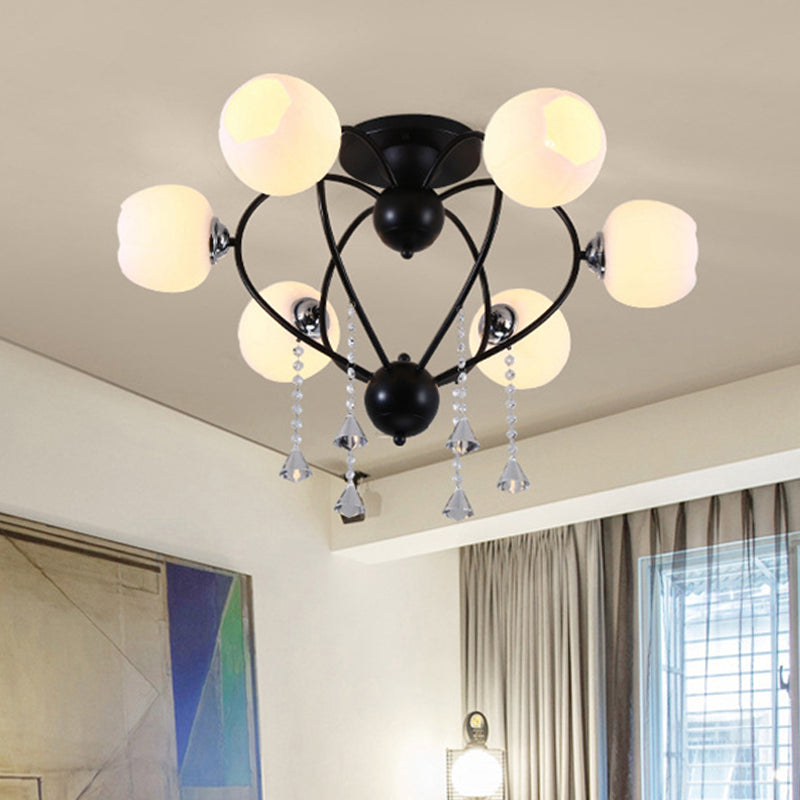 Globe Glass Shade Ceiling Light Fixture with Crystal Drop Rustic Metal 3/6/10 Heads Black/White Living Room Semi Flush Mount Light Clearhalo 'Ceiling Lights' 'Close To Ceiling Lights' 'Close to ceiling' 'Glass shade' 'Glass' 'Semi-flushmount' Lighting' 416097