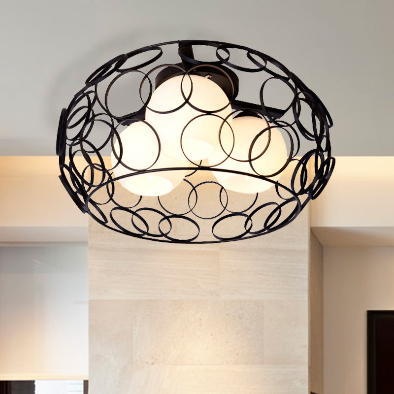 Drum Iron Cage Flush Mount Ceiling Light with Ball Glass Shade Nordic White/Black Dining Room Ceiling Light Fixture Clearhalo 'Ceiling Lights' 'Close To Ceiling Lights' 'Close to ceiling' 'Flush mount' Lighting' 416101