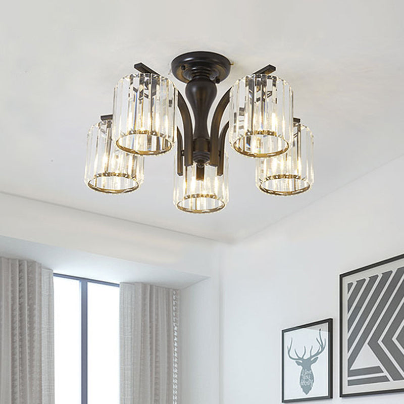 Cylinder Semi Flush Mount Light with Crystal Shade Nordic Metal 3/5 Lights Black Ceiling Light Fixture Clearhalo 'Ceiling Lights' 'Close To Ceiling Lights' 'Close to ceiling' 'Semi-flushmount' Lighting' 416107