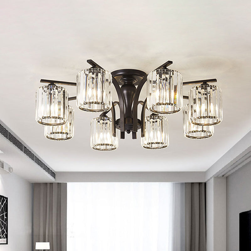 Cylinder Semi Flush Mount Light with Crystal Shade Nordic Metal 6/8/10 Lights Black Ceiling Mounted Fixture Clearhalo 'Ceiling Lights' 'Close To Ceiling Lights' 'Close to ceiling' 'Semi-flushmount' Lighting' 416109