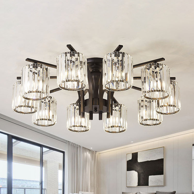 Cylinder Semi Flush Mount Light with Crystal Shade Nordic Metal 6/8/10 Lights Black Ceiling Mounted Fixture Clearhalo 'Ceiling Lights' 'Close To Ceiling Lights' 'Close to ceiling' 'Semi-flushmount' Lighting' 416110