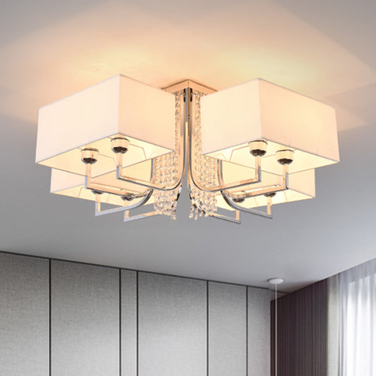 Cubic Fabric Shade Semi Flush Ceiling Light with Crystal Drop Contemporary White Bedroom Ceiling Light Fixture, 23.5"/31.5" Wide Clearhalo 'Ceiling Lights' 'Close To Ceiling Lights' 'Close to ceiling' 'Semi-flushmount' Lighting' 416111