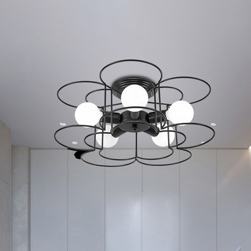 Black/White Iron Frame Semi Flush Mount Lighting Modern Metal 5 Lights Bedroom Ceiling Mount Chandelier Clearhalo 'Ceiling Lights' 'Close To Ceiling Lights' 'Close to ceiling' 'Semi-flushmount' Lighting' 416112