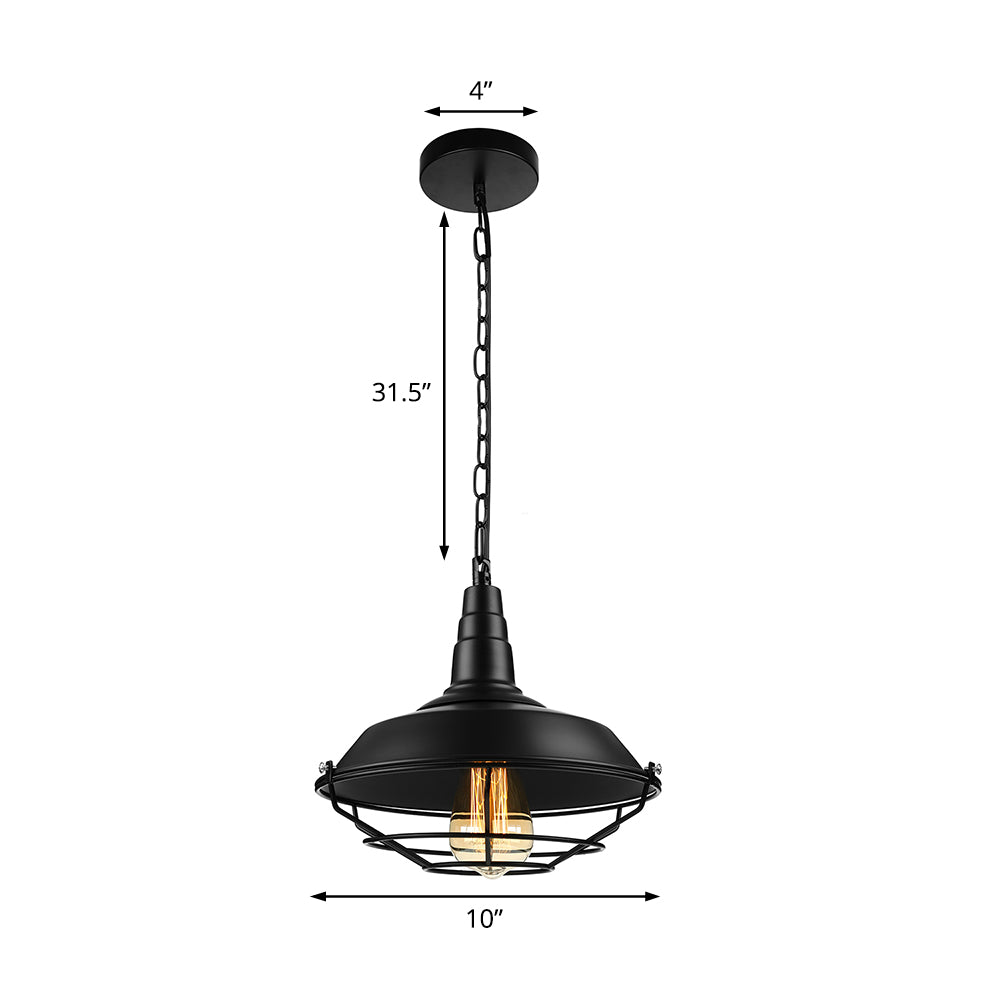 Retro Stylish Wire Guard Pendant Light with Barn Shade 10"/14"/18" Wide 1 Light Metal Hanging Fixture in Black/Bronze/Rust for Kitchen Clearhalo 'Art Deco Pendants' 'Black' 'Cast Iron' 'Ceiling Lights' 'Ceramic' 'Crystal' 'Industrial Pendants' 'Industrial' 'Metal' 'Middle Century Pendants' 'Pendant Lights' 'Pendants' 'Rustic Pendants' 'Tiffany' Lighting' 4299