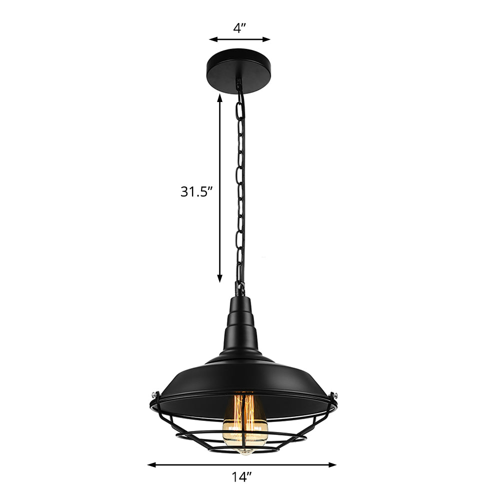 Retro Stylish Wire Guard Pendant Light with Barn Shade 10"/14"/18" Wide 1 Light Metal Hanging Fixture in Black/Bronze/Rust for Kitchen Clearhalo 'Art Deco Pendants' 'Black' 'Cast Iron' 'Ceiling Lights' 'Ceramic' 'Crystal' 'Industrial Pendants' 'Industrial' 'Metal' 'Middle Century Pendants' 'Pendant Lights' 'Pendants' 'Rustic Pendants' 'Tiffany' Lighting' 4300