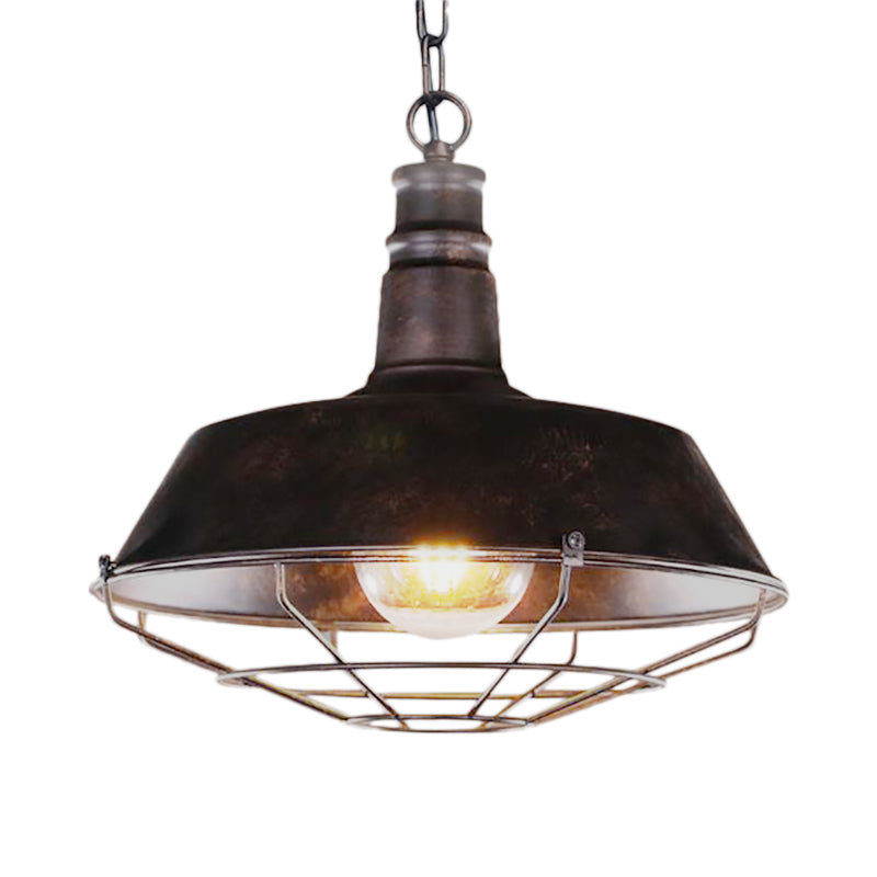 Retro Stylish Wire Guard Pendant Light with Barn Shade 10"/14"/18" Wide 1 Light Metal Hanging Fixture in Black/Bronze/Rust for Kitchen Clearhalo 'Art Deco Pendants' 'Black' 'Cast Iron' 'Ceiling Lights' 'Ceramic' 'Crystal' 'Industrial Pendants' 'Industrial' 'Metal' 'Middle Century Pendants' 'Pendant Lights' 'Pendants' 'Rustic Pendants' 'Tiffany' Lighting' 4305