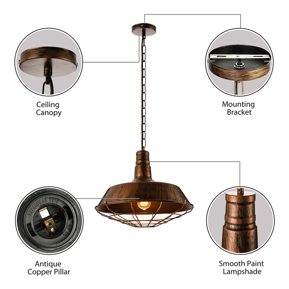 Retro Stylish Wire Guard Pendant Light with Barn Shade 10"/14"/18" Wide 1 Light Metal Hanging Fixture in Black/Bronze/Rust for Kitchen Clearhalo 'Art Deco Pendants' 'Black' 'Cast Iron' 'Ceiling Lights' 'Ceramic' 'Crystal' 'Industrial Pendants' 'Industrial' 'Metal' 'Middle Century Pendants' 'Pendant Lights' 'Pendants' 'Rustic Pendants' 'Tiffany' Lighting' 4310