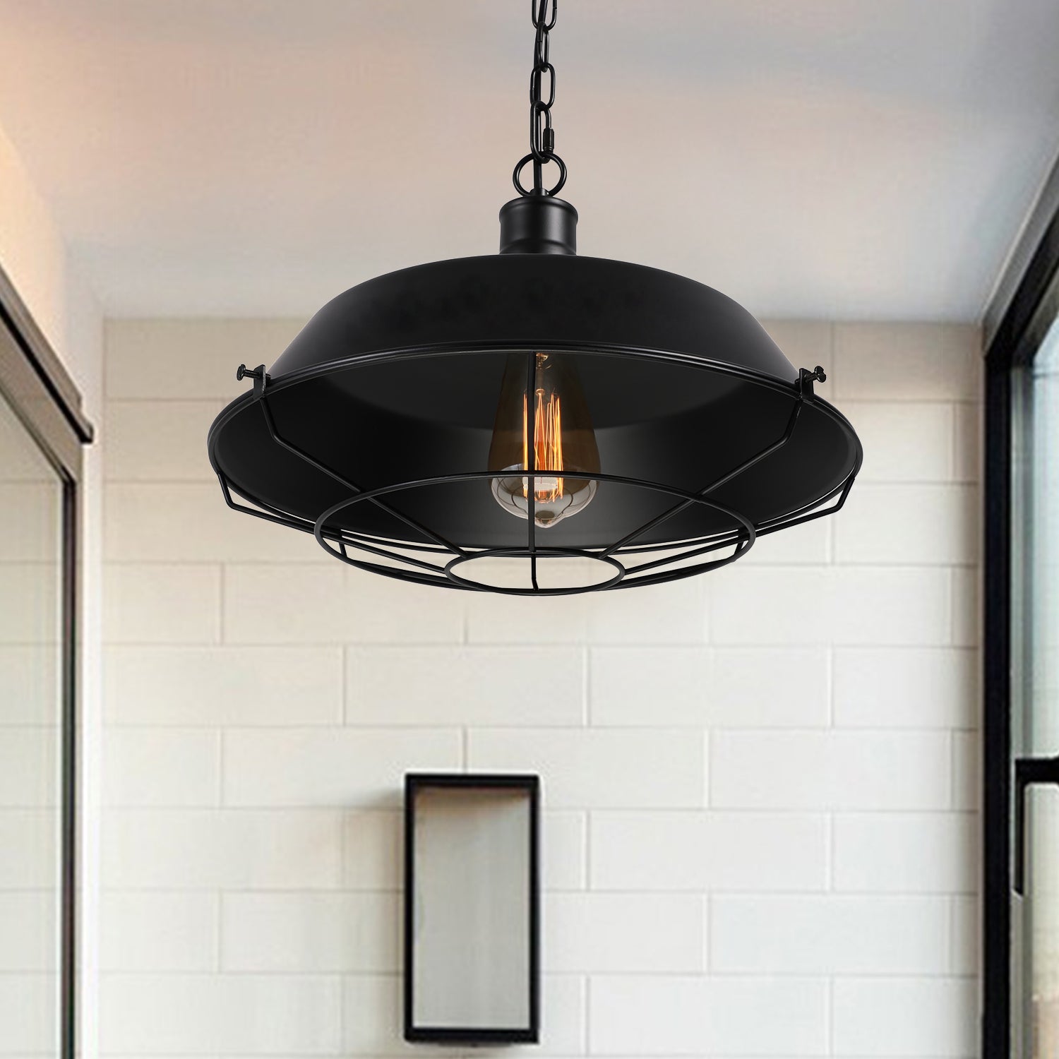 Farmhouse Stylish Barn Ceiling Light Fixture with Cage Shade 1 Bulb Metallic Pendant Lamp in Black, 10"/14"/18" Diameter Black Clearhalo 'Art Deco Pendants' 'Black' 'Cast Iron' 'Ceiling Lights' 'Ceramic' 'Crystal' 'Industrial Pendants' 'Industrial' 'Metal' 'Middle Century Pendants' 'Pendant Lights' 'Pendants' 'Rustic Pendants' 'Tiffany' Lighting' 4320