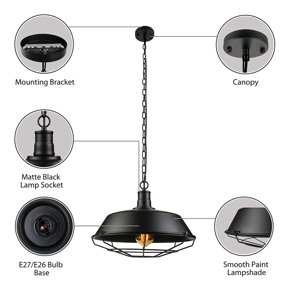 Farmhouse Stylish Barn Ceiling Light Fixture with Cage Shade 1 Bulb Metallic Pendant Lamp in Black, 10"/14"/18" Diameter Clearhalo 'Art Deco Pendants' 'Black' 'Cast Iron' 'Ceiling Lights' 'Ceramic' 'Crystal' 'Industrial Pendants' 'Industrial' 'Metal' 'Middle Century Pendants' 'Pendant Lights' 'Pendants' 'Rustic Pendants' 'Tiffany' Lighting' 4328