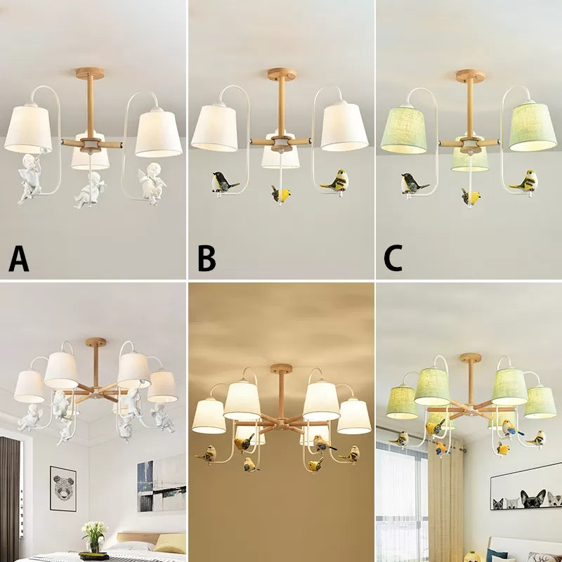Modern Stylish Chandelier Light Tapered Shade Fabric & Wood Hanging Light for Child Bedroom Clearhalo 'Ceiling Lights' 'Chandeliers' Lighting' options 43485