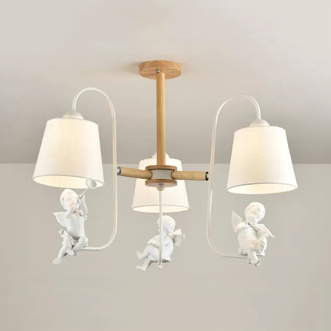 Modern Stylish Chandelier Light Tapered Shade Fabric & Wood Hanging Light for Child Bedroom 3 White A Clearhalo 'Ceiling Lights' 'Chandeliers' Lighting' options 43486_b979e460-4a87-4181-9a91-25eb7f98f4f9