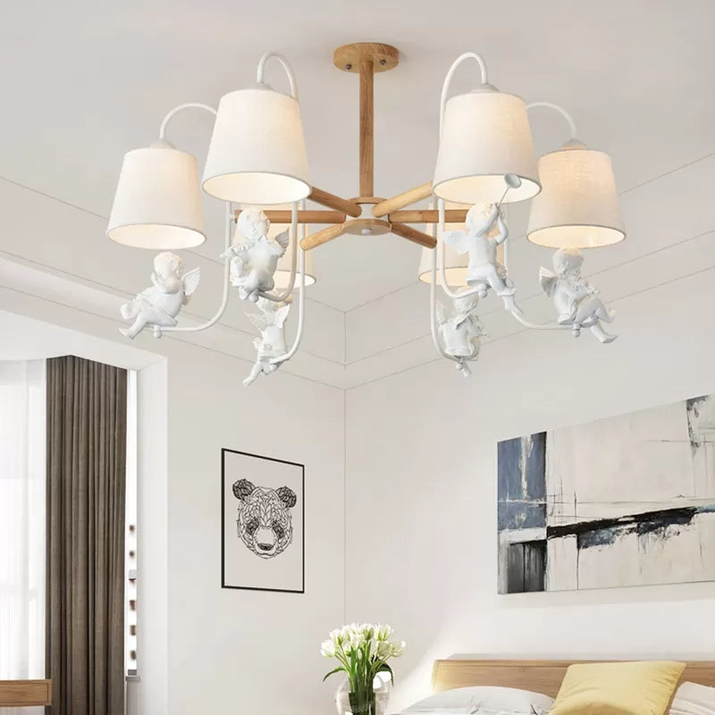 Modern Stylish Chandelier Light Tapered Shade Fabric & Wood Hanging Light for Child Bedroom Clearhalo 'Ceiling Lights' 'Chandeliers' Lighting' options 43489