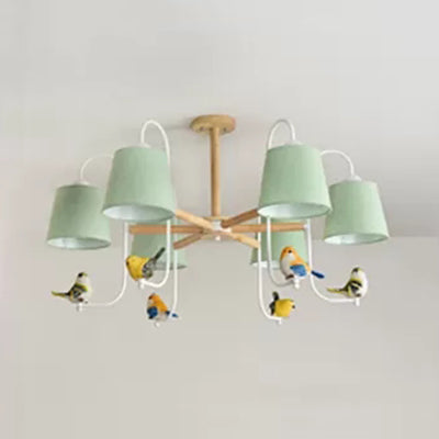 Modern Stylish Chandelier Light Tapered Shade Fabric & Wood Hanging Light for Child Bedroom 6 Green C Clearhalo 'Ceiling Lights' 'Chandeliers' Lighting' options 43493_7a31d20c-dd1c-4937-8bca-b129c4b22ab6