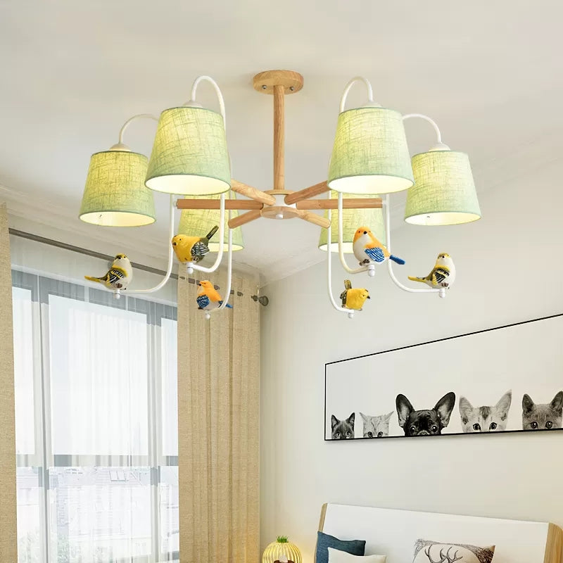 Modern Stylish Chandelier Light Tapered Shade Fabric & Wood Hanging Light for Child Bedroom Clearhalo 'Ceiling Lights' 'Chandeliers' Lighting' options 43495
