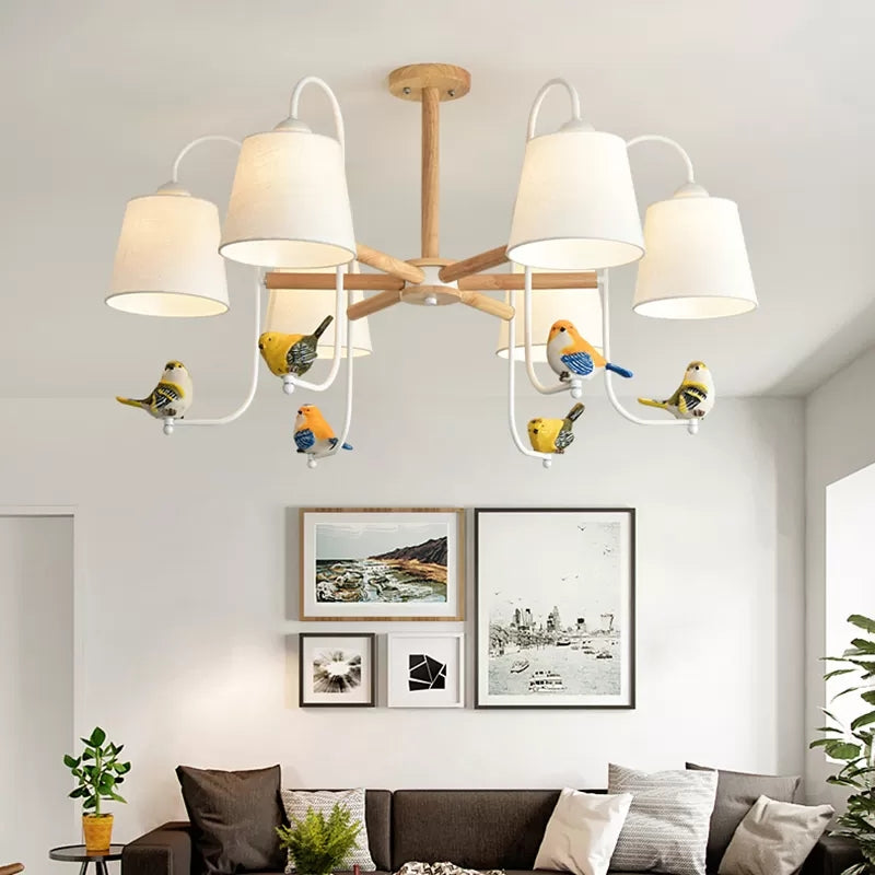 Modern Stylish Chandelier Light Tapered Shade Fabric & Wood Hanging Light for Child Bedroom Clearhalo 'Ceiling Lights' 'Chandeliers' Lighting' options 43502
