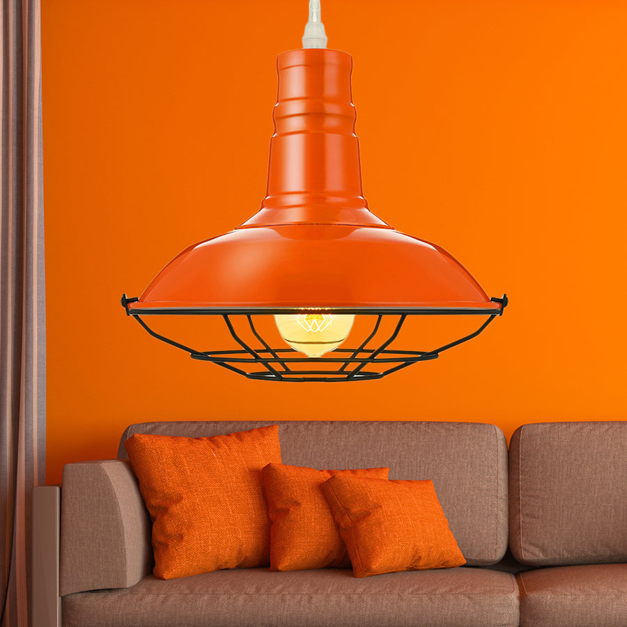 Orange/Blue/Green Bowl Hanging Light with Wire Guard Industrial Metal 1 Light Dining Room Pendant Light Fixture, 10"/14"/18" Dia Orange Clearhalo 'Art Deco Pendants' 'Black' 'Cast Iron' 'Ceiling Lights' 'Ceramic' 'Crystal' 'Industrial Pendants' 'Industrial' 'Metal' 'Middle Century Pendants' 'Pendant Lights' 'Pendants' 'Rustic Pendants' 'Tiffany' Lighting' 4382