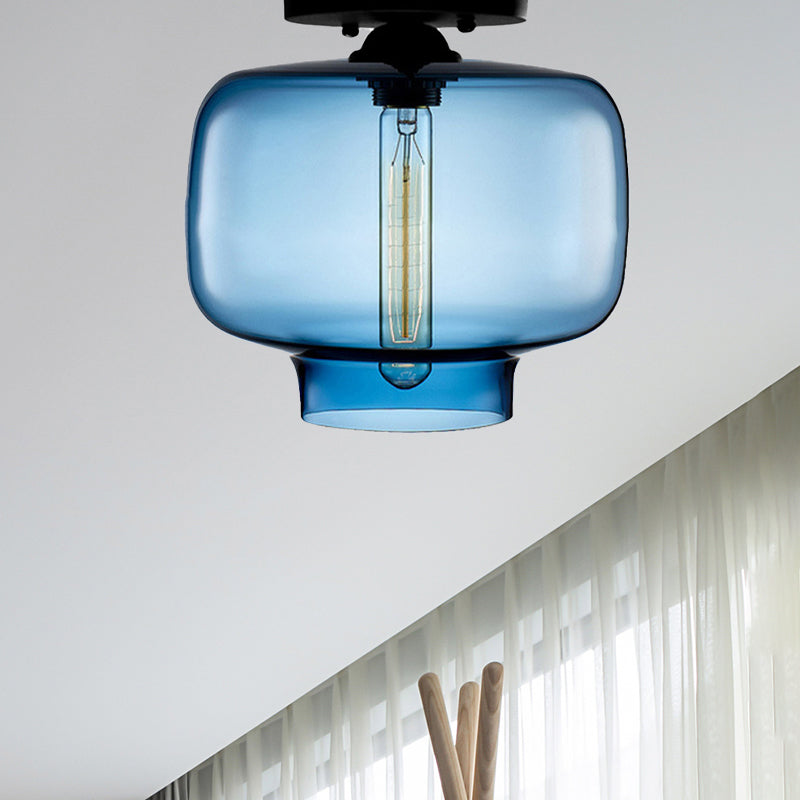 Modern Red/Sky Blue/Amber/Smoke Gray/Coffee Lantern Flushmount Light 1 Bulb Flush Mount Lamp with Glass Shade in Black Clearhalo 'Ceiling Lights' 'Close To Ceiling Lights' 'Close to ceiling' 'Flush mount' Lighting' 438257