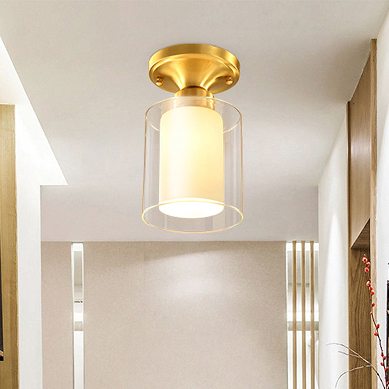 Gold Finish Cylindrical Semi Flush Ceiling Light Glass Simple 1 Bulb Semi-Flush Mount Light for Hall Clearhalo 'Ceiling Lights' 'Close To Ceiling Lights' 'Close to ceiling' 'Flush mount' Lighting' 438262