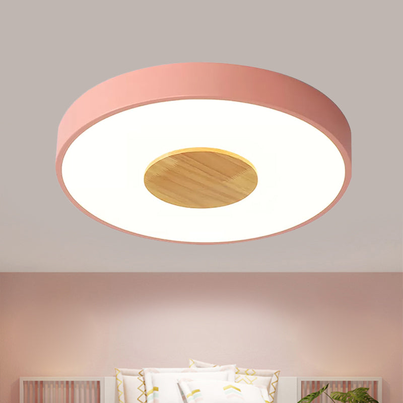 Pink/Blue/Green Round Flush Mount Ceiling Light Nordic Metal Integrated LED Ceiling Mounted Fixture for Bedroom, 12"/16"/19.5" Dia Clearhalo 'Ceiling Lights' 'Close To Ceiling Lights' 'Close to ceiling' 'Flush mount' Lighting' 438279