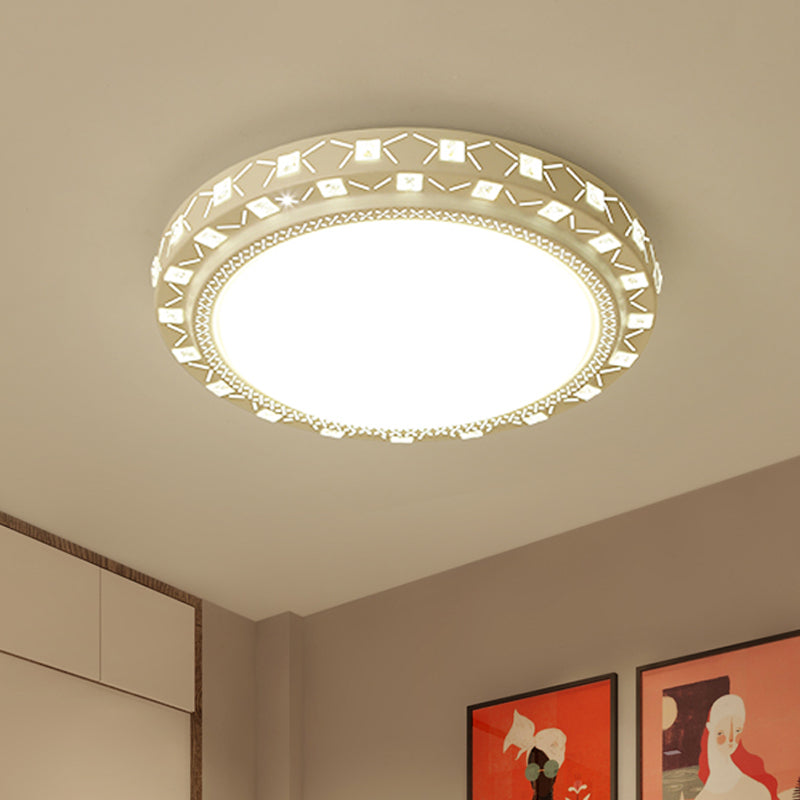 White Drum Ceiling Flush Mount with Crystal Accent Modern Bedroom LED Flush Mount Fixture, 16"/19.5" Wide Clearhalo 'Ceiling Lights' 'Close To Ceiling Lights' 'Close to ceiling' 'Flush mount' Lighting' 438370