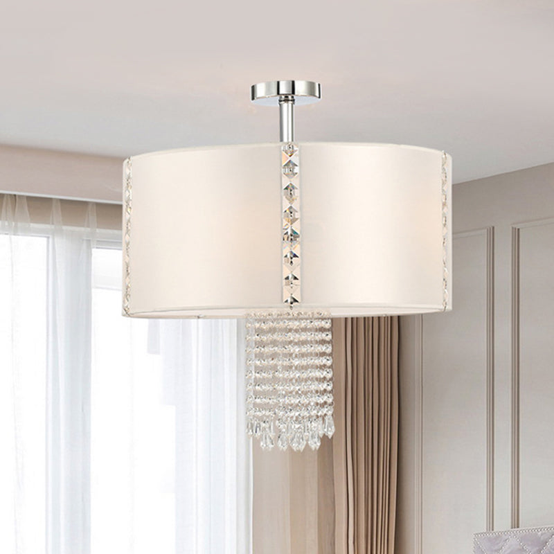 Contemporary 5 Lights Chandelier with Fabric Shade White Round Drop Pendant with Crystal Beans Clearhalo 'Ceiling Lights' 'Chandeliers' 'Modern Chandeliers' 'Modern' Lighting' 438406