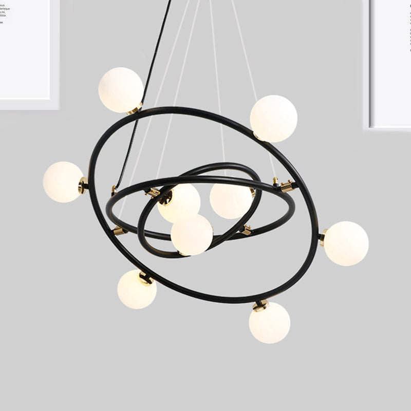 Contemporary Style 9/12/15 Lights Chandelier Black Round Suspension Light with Opal Glass Shade 9 Black Clearhalo 'Ceiling Lights' 'Chandeliers' 'Modern Chandeliers' 'Modern' Lighting' 438438