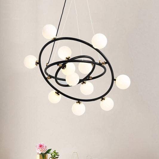 Contemporary Style 9/12/15 Lights Chandelier Black Round Suspension Light with Opal Glass Shade Clearhalo 'Ceiling Lights' 'Chandeliers' 'Modern Chandeliers' 'Modern' Lighting' 438439