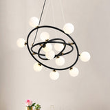 Contemporary Style 9/12/15 Lights Chandelier Black Round Suspension Light with Opal Glass Shade Clearhalo 'Ceiling Lights' 'Chandeliers' 'Modern Chandeliers' 'Modern' Lighting' 438439