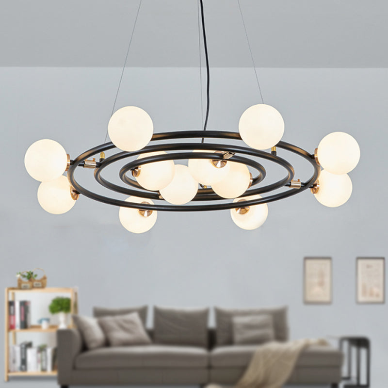 Contemporary Style 9/12/15 Lights Chandelier Black Round Suspension Light with Opal Glass Shade 12 Black Clearhalo 'Ceiling Lights' 'Chandeliers' 'Modern Chandeliers' 'Modern' Lighting' 438440