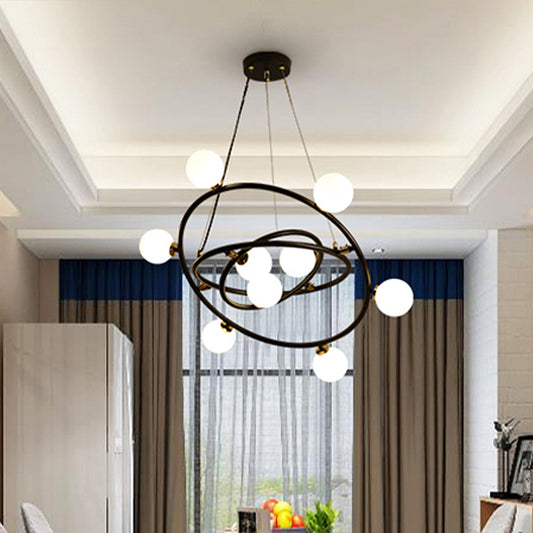 Contemporary Style 9/12/15 Lights Chandelier Black Round Suspension Light with Opal Glass Shade Clearhalo 'Ceiling Lights' 'Chandeliers' 'Modern Chandeliers' 'Modern' Lighting' 438441