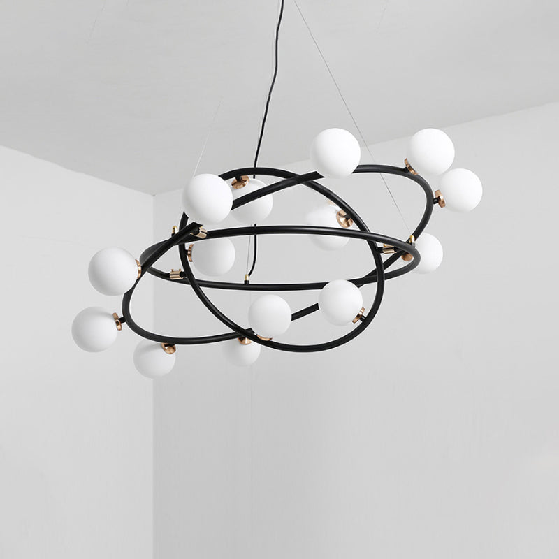 Contemporary Style 9/12/15 Lights Chandelier Black Round Suspension Light with Opal Glass Shade 15 Black Clearhalo 'Ceiling Lights' 'Chandeliers' 'Modern Chandeliers' 'Modern' Lighting' 438442