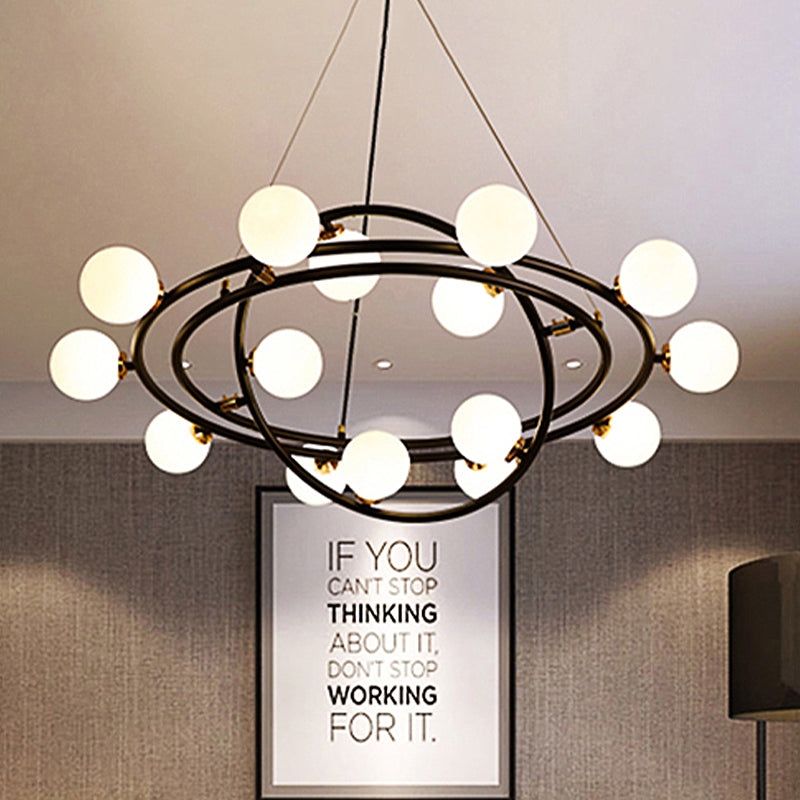 Contemporary Style 9/12/15 Lights Chandelier Black Round Suspension Light with Opal Glass Shade Clearhalo 'Ceiling Lights' 'Chandeliers' 'Modern Chandeliers' 'Modern' Lighting' 438443